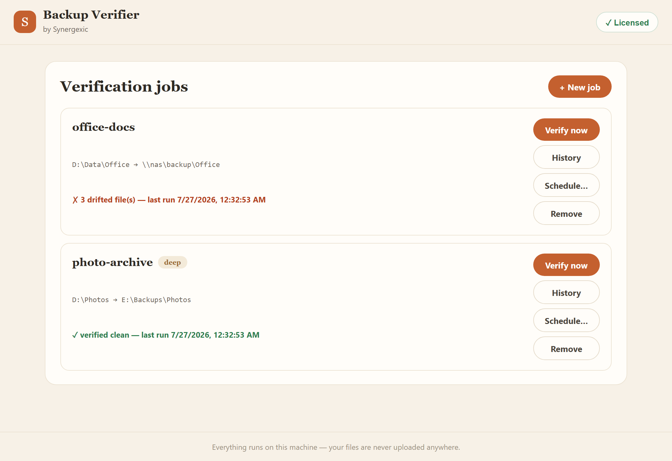 Backup Verifier main window listing verification jobs with their last-run status