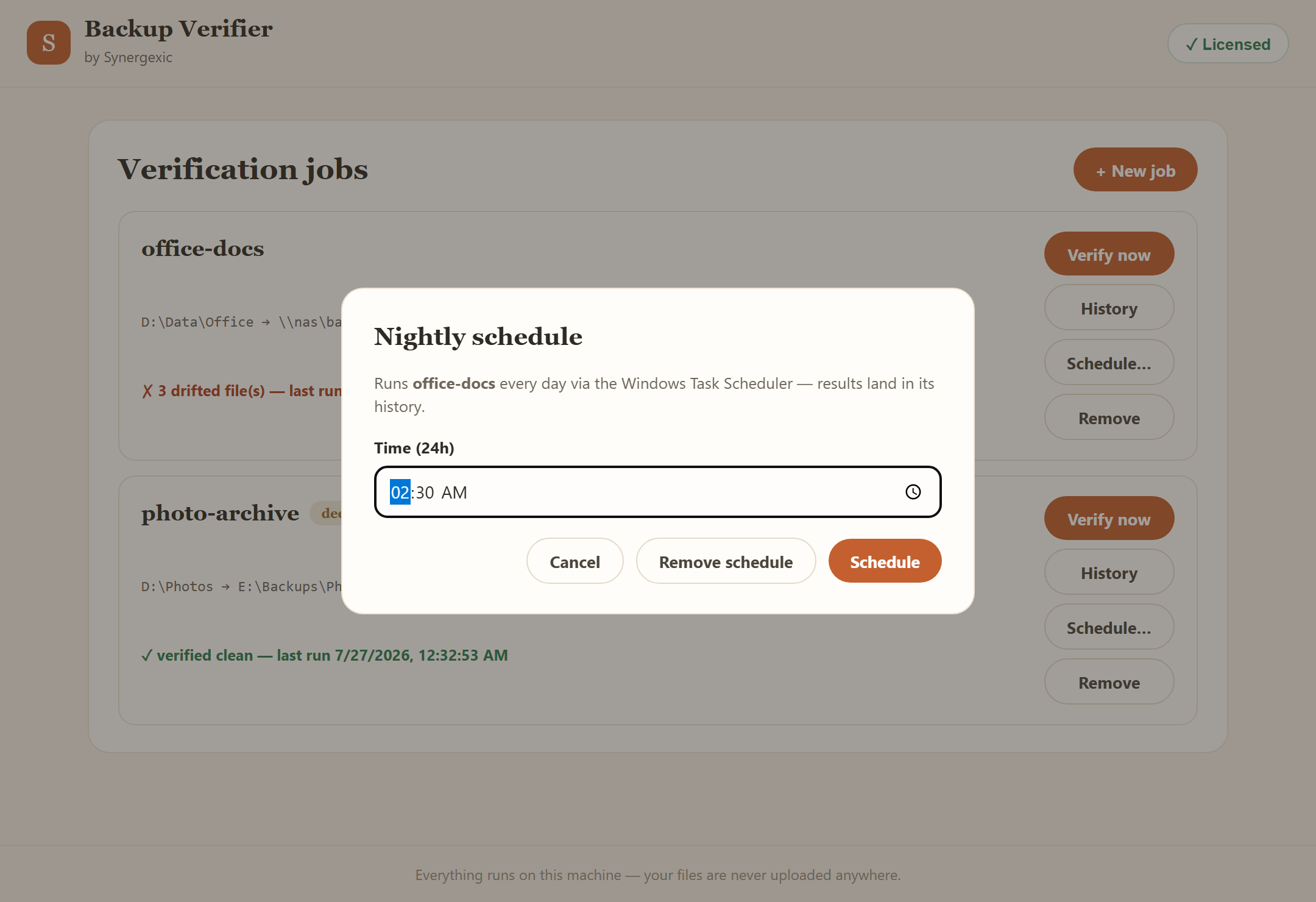 Scheduling a nightly verification run from inside the app