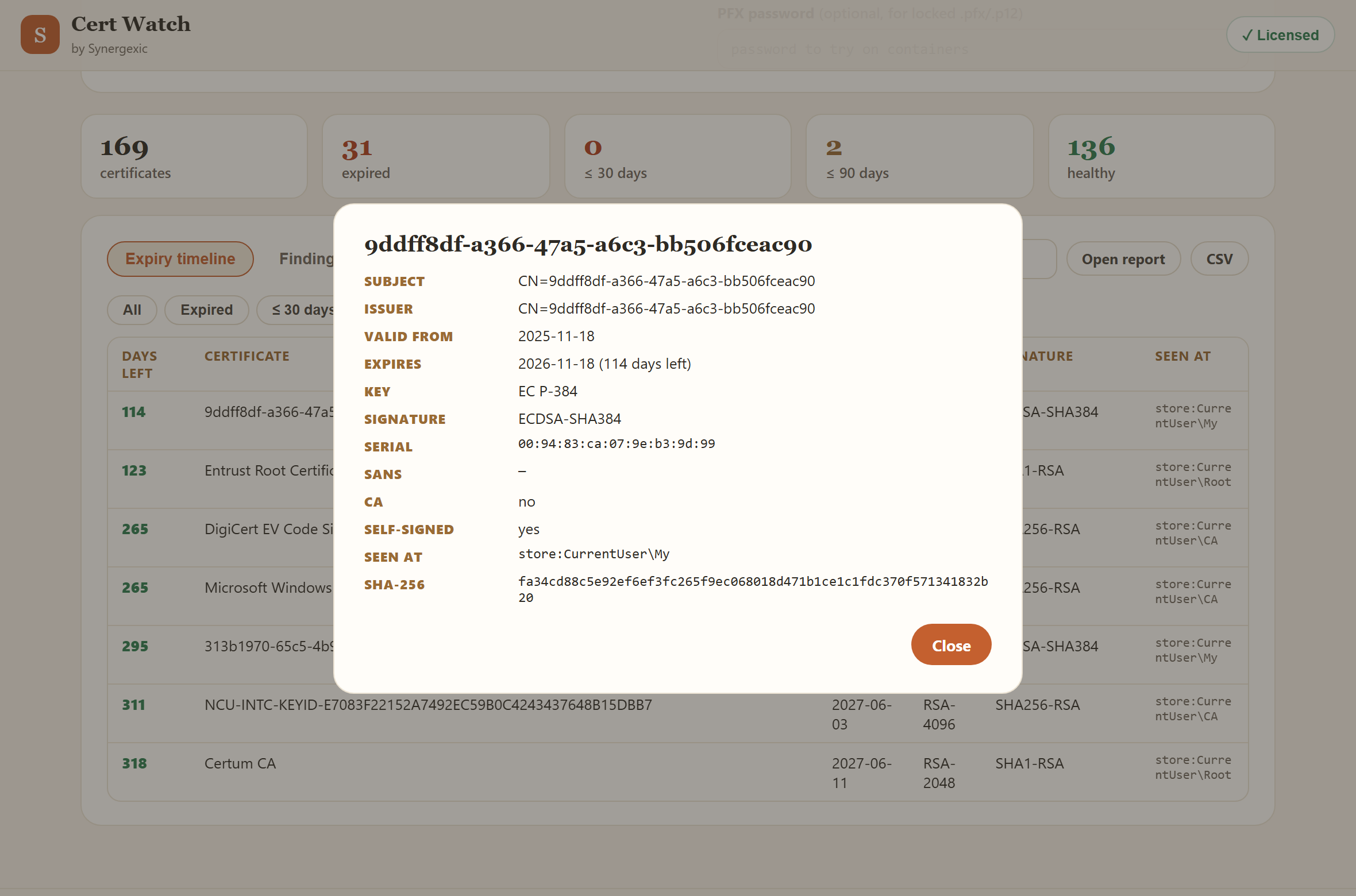 Full certificate details: subject, issuer, validity, key, signature, SANs and every location it was seen