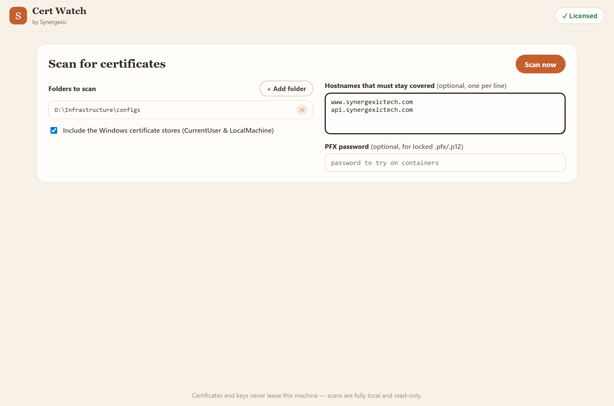 Choosing folders, Windows stores and hostnames to include in a certificate scan