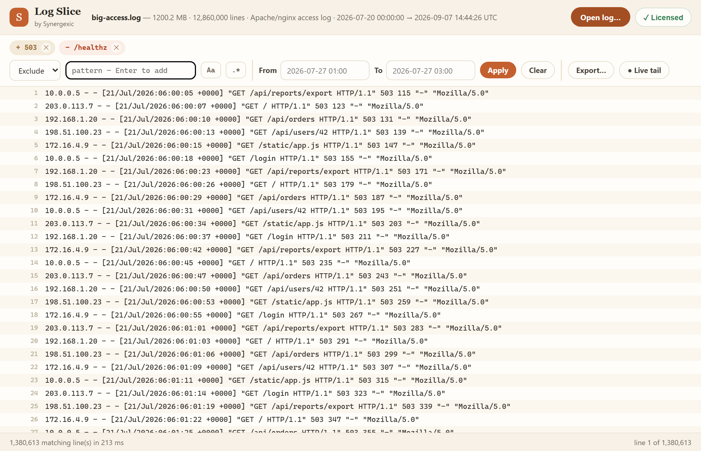 Log Slice filtering a 12.9-million-line access log with stacked include/exclude filters in 213 ms