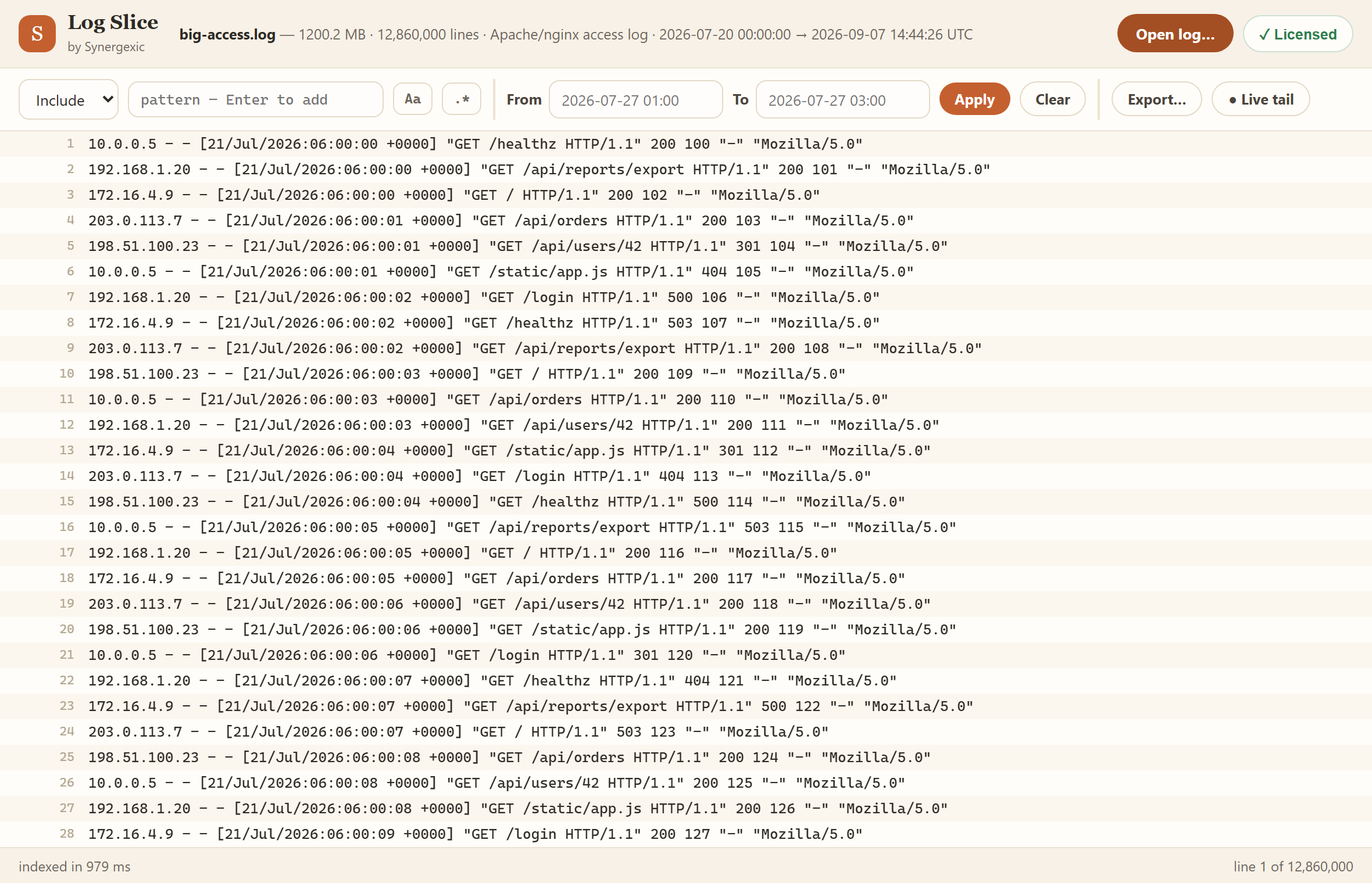 A 1.2 GB, 12.9-million-line log open with line-by-line scrolling
