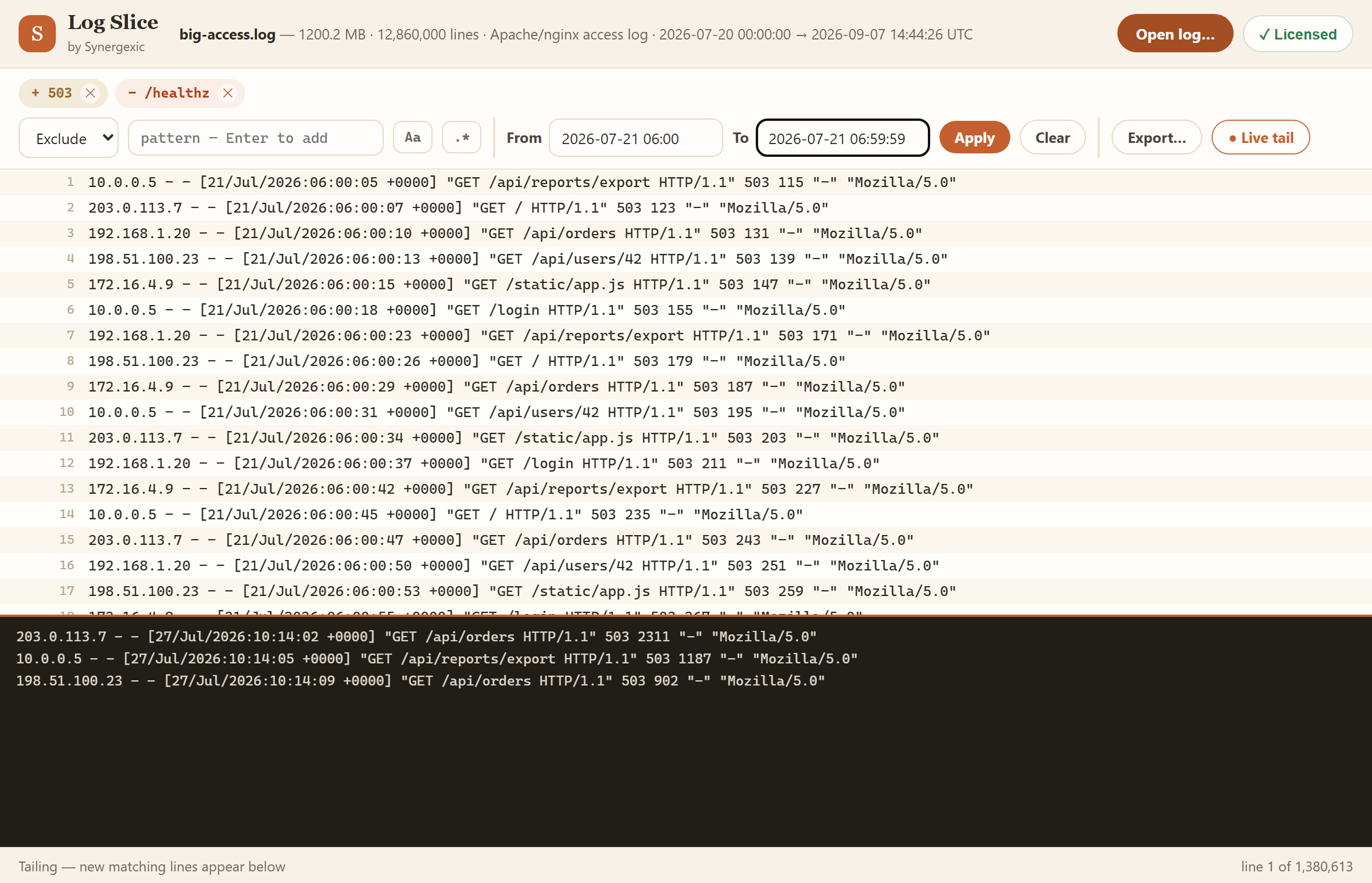 Live tail following new matching lines with filters applied
