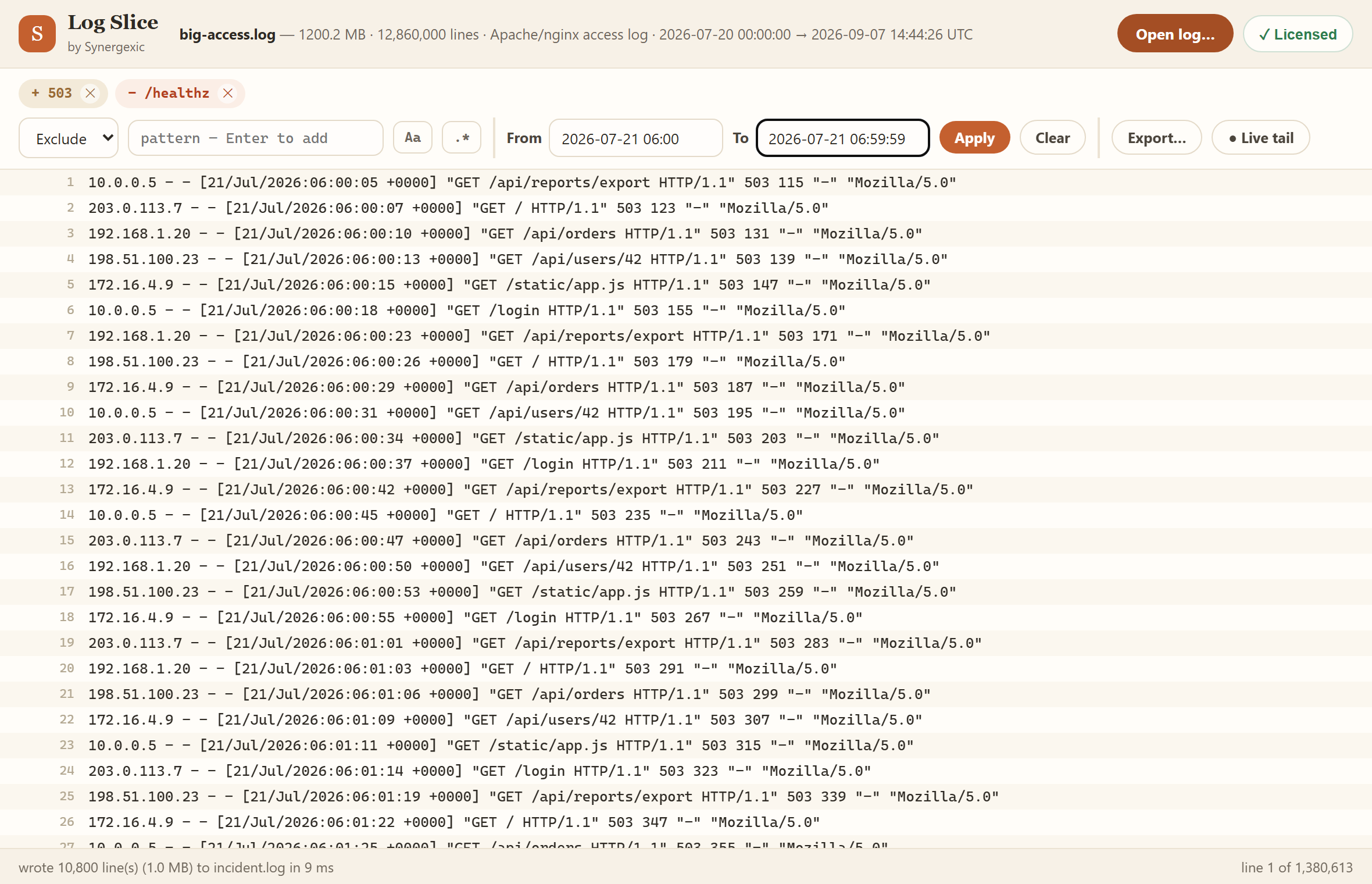 Extracting one hour of log lines to a new file with the time-range slicer