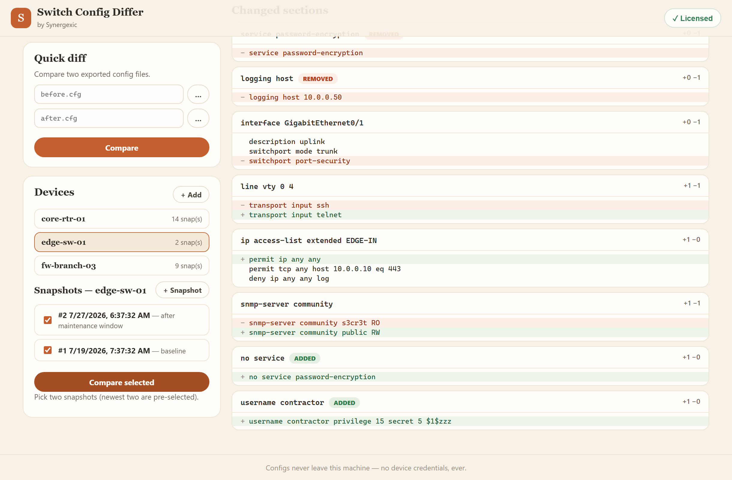 Changed sections with added and removed lines colorized, grouped per interface, ACL and service