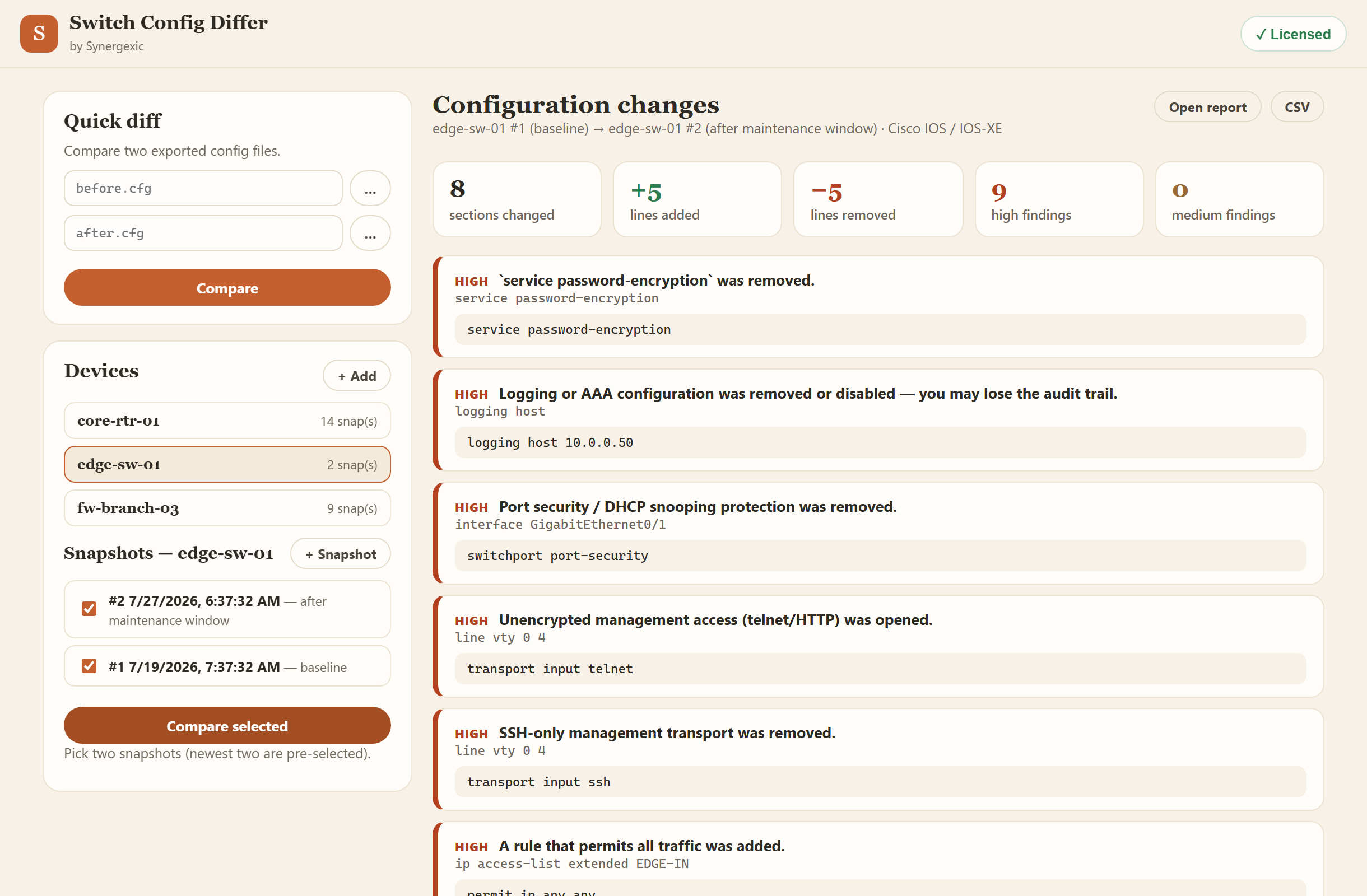 Comparing two switch snapshots: nine high-severity risky changes flagged in plain English with the exact config lines as evidence